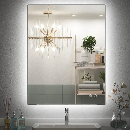 Keonjinn Espejo de baño LED de 24 x 32 pulgadas con retroiluminación, antiniebla, CRI90+ HD regulable sin escalones, alto lumen, montaje en pared