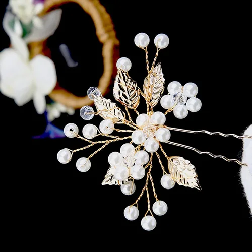 Miniatura 7 de 3 pinzas para el cabello de hoja dorada y perlas de cristal blancas para niñas y mujeres, damas de honor y niñas de flores, pinzas para el cabello