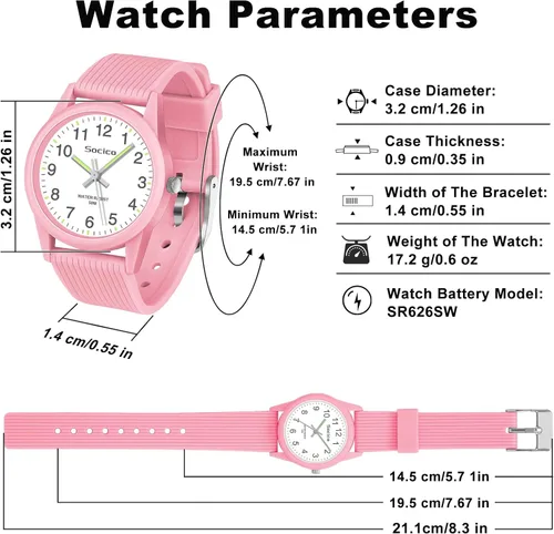 Miniatura 3 de SOCICO Reloj analógico para niños y niñas, reloj de aprendizaje fácil de leer, resistente al agua 50M, reloj de pulsera de banda suave para edades