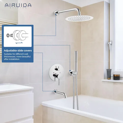 Miniatura 2 de Airuida Sistema de ducha con boquilla de bañera, cabezal de ducha redondo de 10 pulgadas con 2 funciones, ducha de mano, montaje en pared, juego