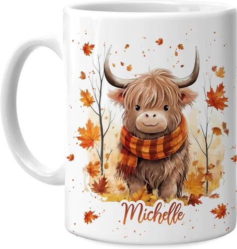 Hyturtle Taza de Café Personalizada de Vaca Highland de Otoño con Hojas de Arce - Regalos de Cumpleaños para Amantes de las Vacas - Regalos de Fall
