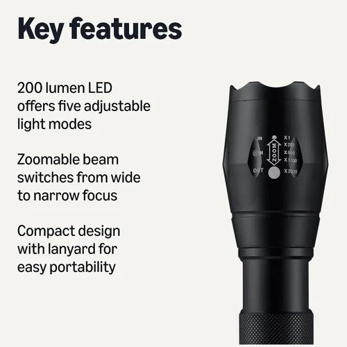 Miniatura 2 de Amazon Basics Linterna LED de mano, 200 linternas de alto lumen Enfoque de brillo ajustable, negro