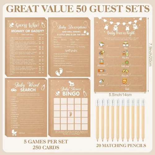 Miniatura 7 de Patelai Juego de 321 piezas de papel kraft para baby shower para niña o niño, juego de 5 juegos que incluye divertidos juegos de bingo para baby