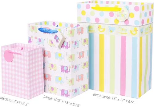 Miniatura 7 de FZOPO Surtido de bolsas de regalo para bebé, bolsas de regalo de papel resistente, paquete de 12 bolsas pequeñas, medianas y extra grandes para baby