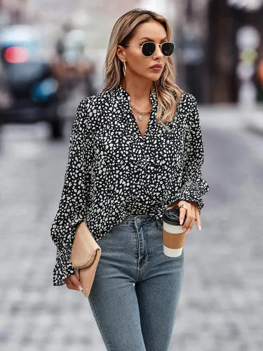 Miniatura 7 de ECOWISH Blusas de manga larga para mujer, con cuello en V, para primavera, casual, con lunares
