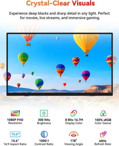 Miniatura 2 de HotYeah Monitor portátil, 15.6 pulgadas 1080P FHD monitor para laptop USB-C HDMI pantalla externa de computadora HDR FreeSync IPS con soporte