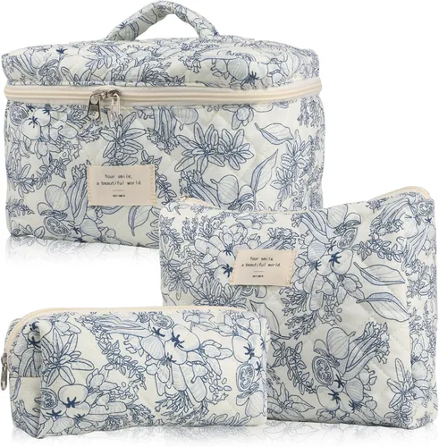 Miniatura 11 de NATINSA Linda bolsa de maquillaje para mujeres (2 piezas), bolsas de cosméticos de viaje, bolsa organizadora de aseo acolchada coqueta con flores