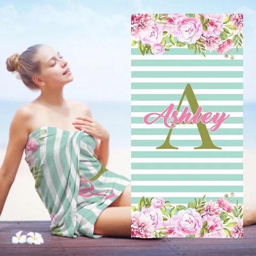 Miniatura 22 de Toallas de playa personalizadas para bebé niña con nombre para niños y adultos, toalla de baño de algodón con flores de acuarela personalizadas
