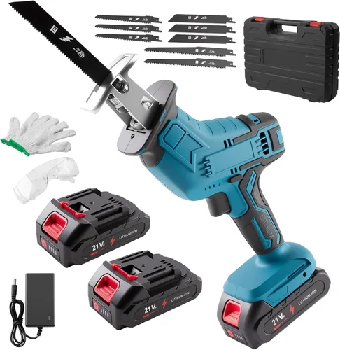 Sierra recíproca inalámbrica, velocidad variable 3000 RPM motor sin escobillas con 8 hojas de sierra, 2 baterías de 2.0 Ah, luz LED, cambio de hoja