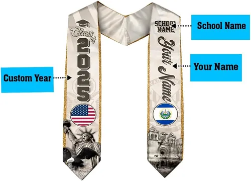 Miniatura 3 de IZI POD Banda de graduación personalizada de la bandera estadounidense de los salvadoreños, banda de graduación de salvadoreños, estola