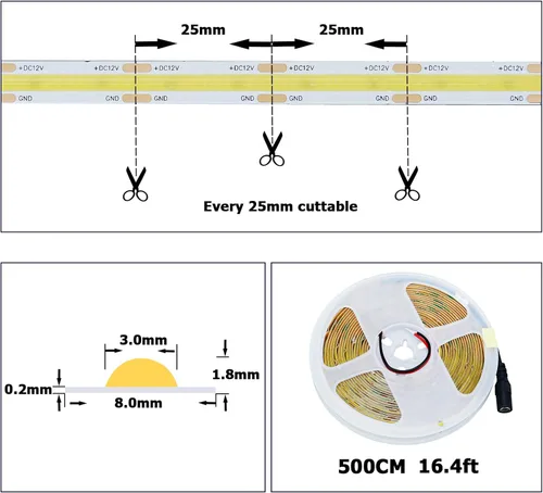 Miniatura 3 de YUNBO Tira de luz LED COB de 12 V 3000 K blanco cálido 16.4 pies de alta densidad 480LED/M CRI>90 Uniforme sin puntos autoadhesivo cortable flexible