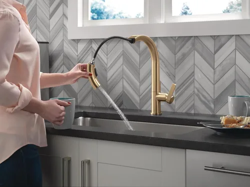 Miniatura 2 de Delta Keele Grifo de cocina dorado cepillado con pulverizador extraíble, grifo de cocina de un solo agujero dorado cepillado moderno, manija única