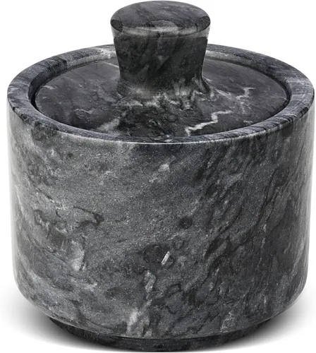 Flexzion Salero de Mármol con Tapa, Contenedor de Mármol Multiusos para Sal, Pimienta, Pimentón y Hierbas en Polvo, Contenedores de Sal para Negro