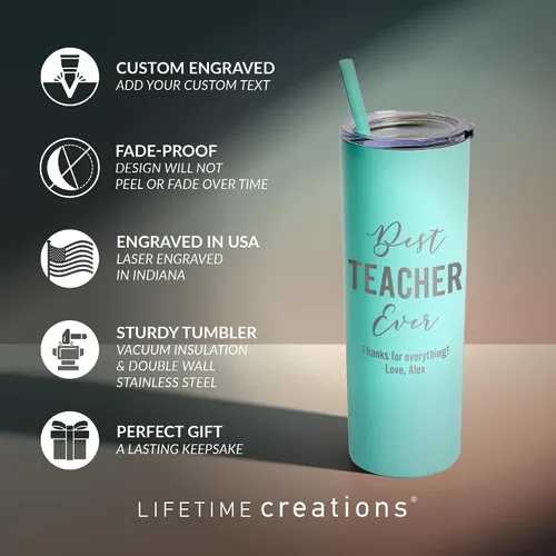 Miniatura 3 de Lifetime Creations Vaso de acero inoxidable grabado personalizado con popote de 20 onzas (menta), regalo para profesor, tutor, instructor