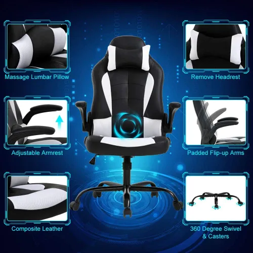 Miniatura 5 de Silla de juegos, silla de oficina, silla de escritorio, silla ergonómica de respaldo alto con soporte lumbar, reposabrazos abatibles, reposacabezas
