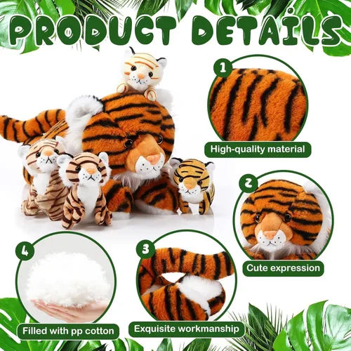 Miniatura 3 de Threan - Juego de 5 juguetes de peluche de tigre, de 16 pulgadas, mamá tigre con 4 cachorros en vientre con cremallera, peluches de regreso a
