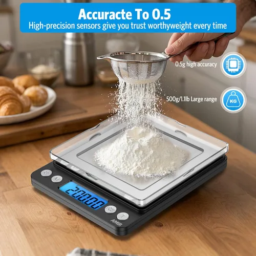 Miniatura 6 de AMIR - Báscula digital de cocina, 17.64 oz, báscula de bolsillo para joyas, báscula de cocina con pantalla LCD retroiluminada, 2 bandejas, 6 Negro