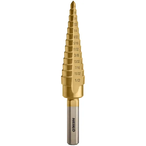 Miniatura 29 de NEIKO 10602A Step Drill Bit, 13 Steps 1/8" to 1/2" Spiral High Speed Steel, Titanium Nitride Coated, 1/4" Quick Change Step Bits for Steel, Metal
