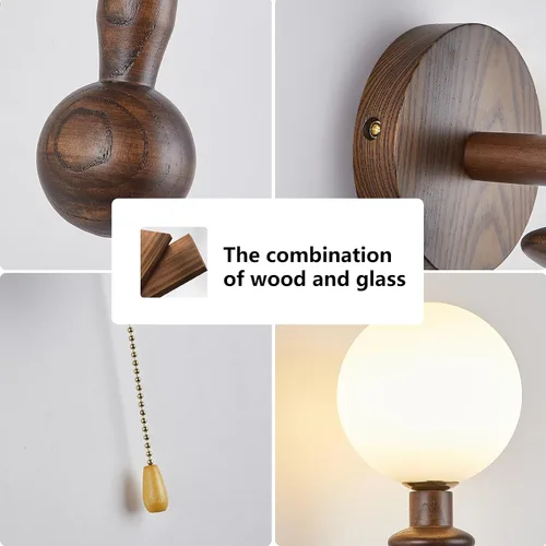 Miniatura 5 de Aplique de pared de madera, aplique de pared de globo industrial, modernas lámparas de pared para tocador de dormitorio con pantalla de globo