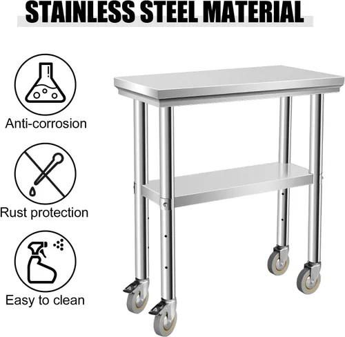 Miniatura 5 de Mesa de acero inoxidable para preparación de 30 x 12 pulgadas, mesa de trabajo resistente con 4 ruedas para cocina comercial, restaurante, hogar