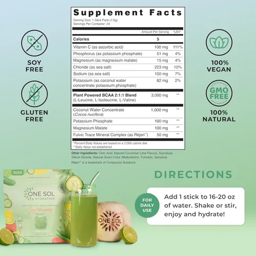 Miniatura 3 de One Sol - Polvo de hidratación con BCAA, electrolitos y agua de coco para la recuperación, crecimiento muscular y energía, fórmula totalmente
