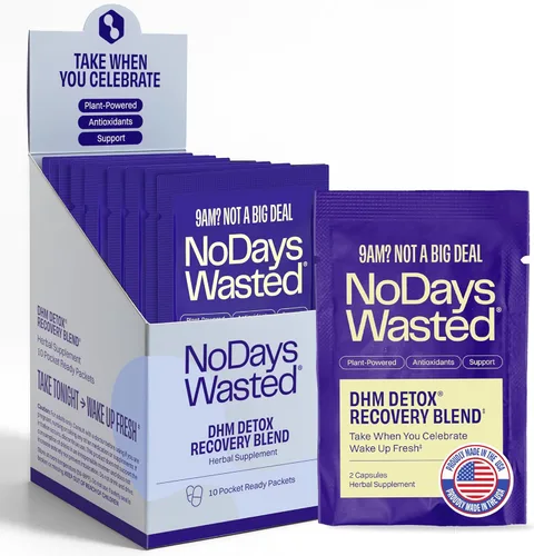 DHM Detox - No Days Wasted - Nuevo aspecto - Suplemento de dihidromiricetina, cardo mariano, tuna espinosa, vitaminas B, mezcla de electrolitos de