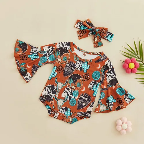 Miniatura 3 de Kayotuas Mameluco de manga acampanada para bebé niña con estampado de vaca floral con diadema para bebé