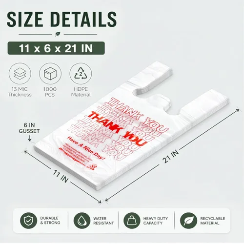 Miniatura 3 de YoYoRain 1000 Pack Bolsas de agradecimiento de playera blancas con asas, 11"x6"x21" Bolsas de plástico para compras para abarrotes, venta al por