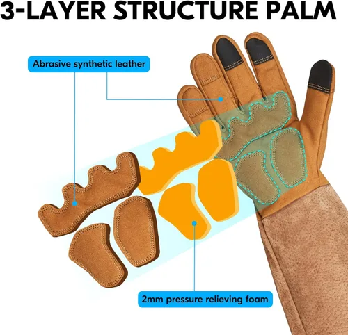 Miniatura 2 de Vgo... Guantes de trabajo de seguridad para hombre, puño extendido de cuero dividido de cerdo, cuero sintético, a prueba de espinas de poda de 1 par