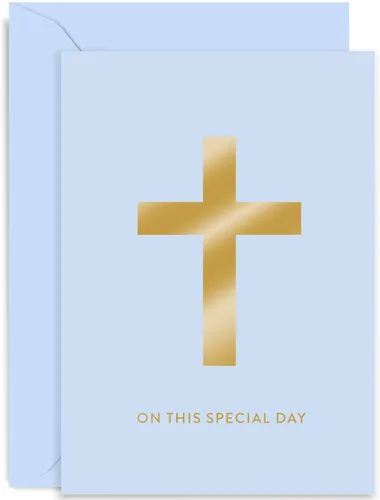 Old English Co. - Tarjeta de bautismo para niño, tarjeta de papel de aluminio dorado con cruz crucificada azul, día de nombramiento del bebé, para