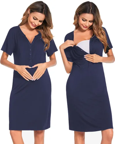 Ekouaer Camisón de enfermería a rayas para mujer, manga corta, vestido de dormir para lactancia materna, partobata de trabajo