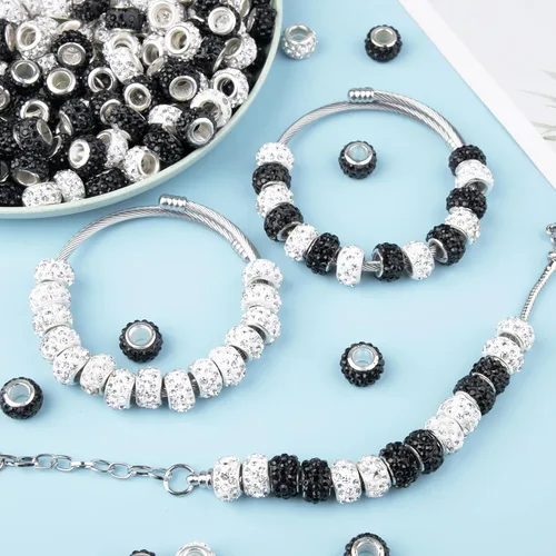 Miniatura 6 de 200 Piezas Cuentas Europeas de Agujero Grande Espaciadoras de Diamantes de Imitación Negro Blanco Lampwork para Manualidades de Bricolaje, Dijes