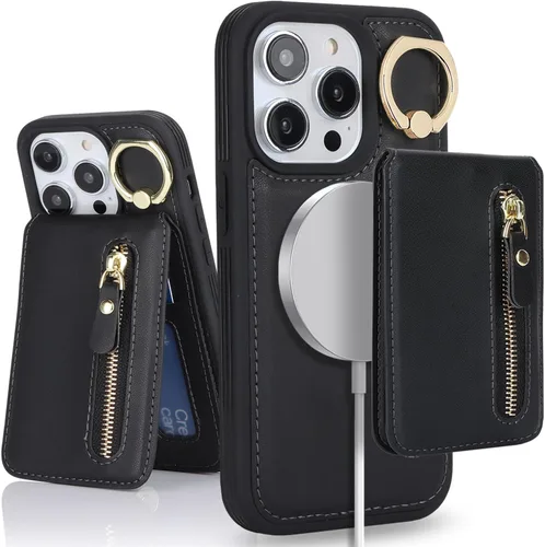 Miniatura 22 de para iPhone 14 Funda con soporte magnético Magsafe compatible, llavero de cuero PU plegable con soporte desmontable, funda tipo cartera 2-en-1
