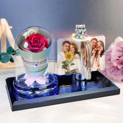 Miniatura 13 de Luz de foto personalizada mexicana LED rosa flor cristal rectangular foto marco personalidad luz 3D cristal foto marco regalo de Navidad, AZUL