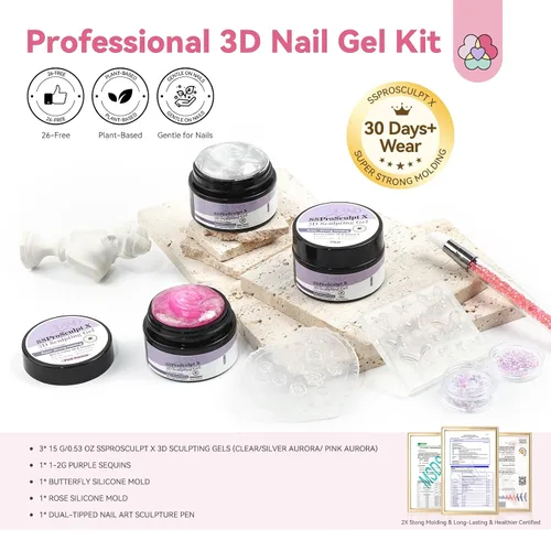 Miniatura 2 de SAVILAND Kit de gel de uñas Solid Builder: Aurora Silver Pink Clear 3D Sculpting Gel con moldes de silicona de flores de rosa y lápiz de tallado