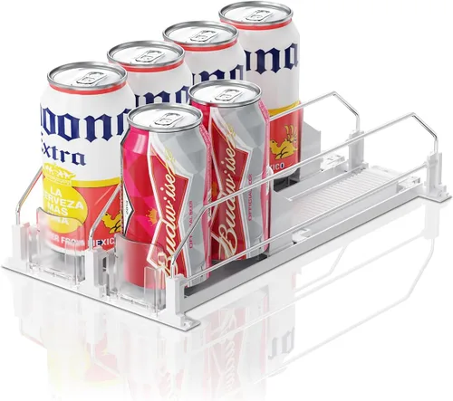 Miniatura 11 de Organizador de Bebidas para Refrigerador, 12oz 16oz 20oz - Dispensador de Latas de Refresco para Refrigerador, Ancho Ajustable, Deslizador Negro