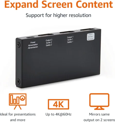 Miniatura 2 de Amazon Basics - Divisor HDMI 1 entrada y 2 salidas, 4K@60Hz para monitores duales, solo duplica la imagen, negro Negro - 4K/60Hz