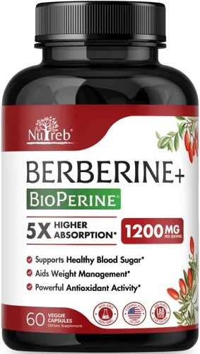 Nutreb Suplemento de berberina de 1200 mg – 5 veces mayor absorción – Ultra puro 98% Berberina HCL – Control de peso saludable, apoyo inmunológico –