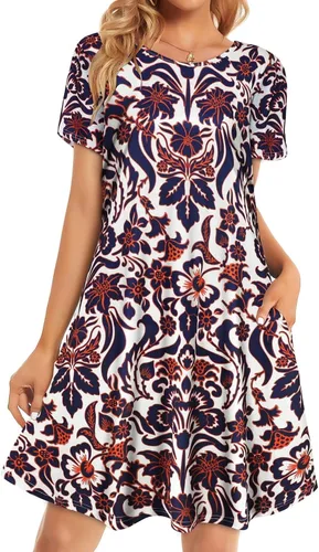 Miniatura 32 de Vestidos de verano para mujer, informales, holgados, estilo camiseta, florales, de manga corta, con vuelo y bolsillos, para la playa