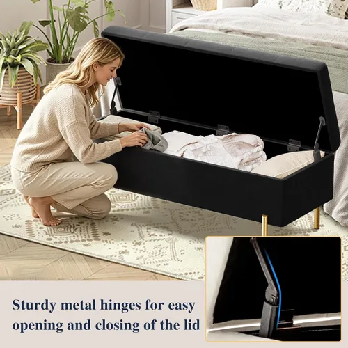 Miniatura 5 de Banco otomano con almacenamiento, banco de almacenamiento tapizado de terciopelo para dormitorio, sala de estar, otomano largo, color negro