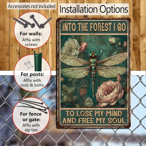 Miniatura 4 de LIUAXICIA Letreros divertidos de metal con texto en inglés «Into The Forest I go to Lose My Mind and Free My Soul Dragonfly», decoración de pared