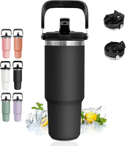 Vaso de 30 onzas con asa, vasos con tapa y pajilla, vasos aislados de acero inoxidable, vaso de doble pared a prueba de fugas, botella de agua para