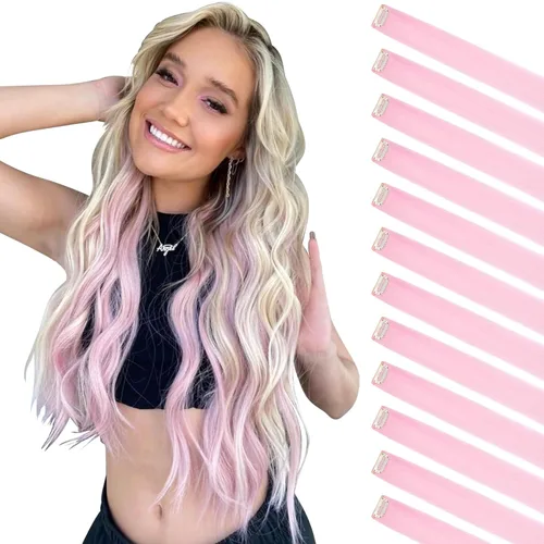 Miniatura 7 de FELENDY 12 extensiones de cabello con clip de color, lacio, ondulado, sintético, para mujer, verde claro