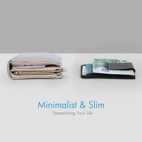 Miniatura 4 de Travelambo Clip para dinero para hombre, de piel, delgado, minimalista, con bloqueo RFID (tejido negro), Tejido negro, Minimalista