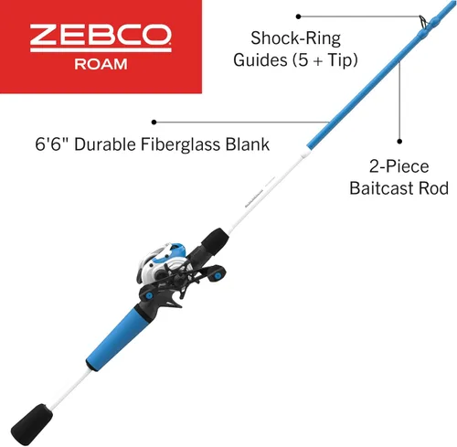 Miniatura 2 de Zebco Roam Carrete Baitcast y Combo de Caña de Pescar, Caña de Pescar de Fibra de Vidrio de 6 Pies 6 Pulgadas de 2 Piezas con Mango de Caña