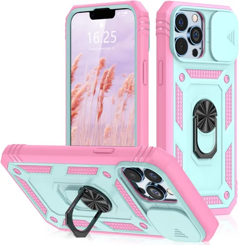 Miniatura 14 de Korecase Funda de protección para iPhone 12 Pro Max Kickstand con cubierta para lente de cámara, deslizante, grado militar, resistente, de doble Rosa
