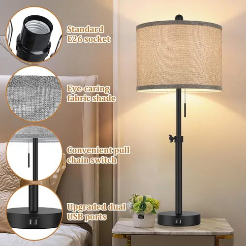 Miniatura 4 de Kondras Table Lamps for Bedroom Set of 2, 23''-30'' Adjustable Height Bedside Lamps with 2 USB Ports, Black Nightstand Lamps with Grey Linen Shade