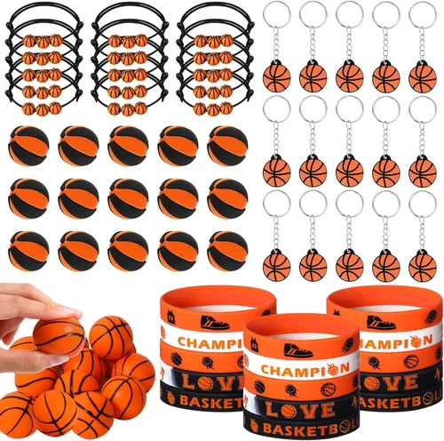 Aoriher Regalos de fiesta deportiva de baloncesto para niños, 15 juegos de pulseras deportivas de silicona, mini bola antiestrés, llavero temporal