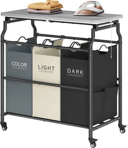 Miniatura 11 de Hoctieon Carrito clasificador de ropa de 3 secciones con tabla de planchar, cesta de lavandería con estante y ruedas rodantes, organizador de cesta