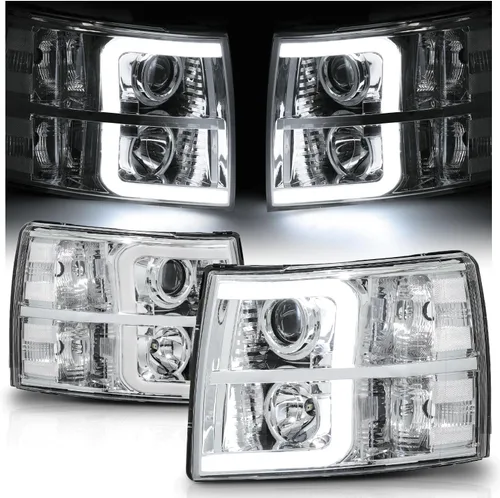 M-AUTO Conjunto de faros proyector cromado con 2 pares de bombillas LED de 6000K preensambladas compatibles con Chevy Silverado 1500 07-13,